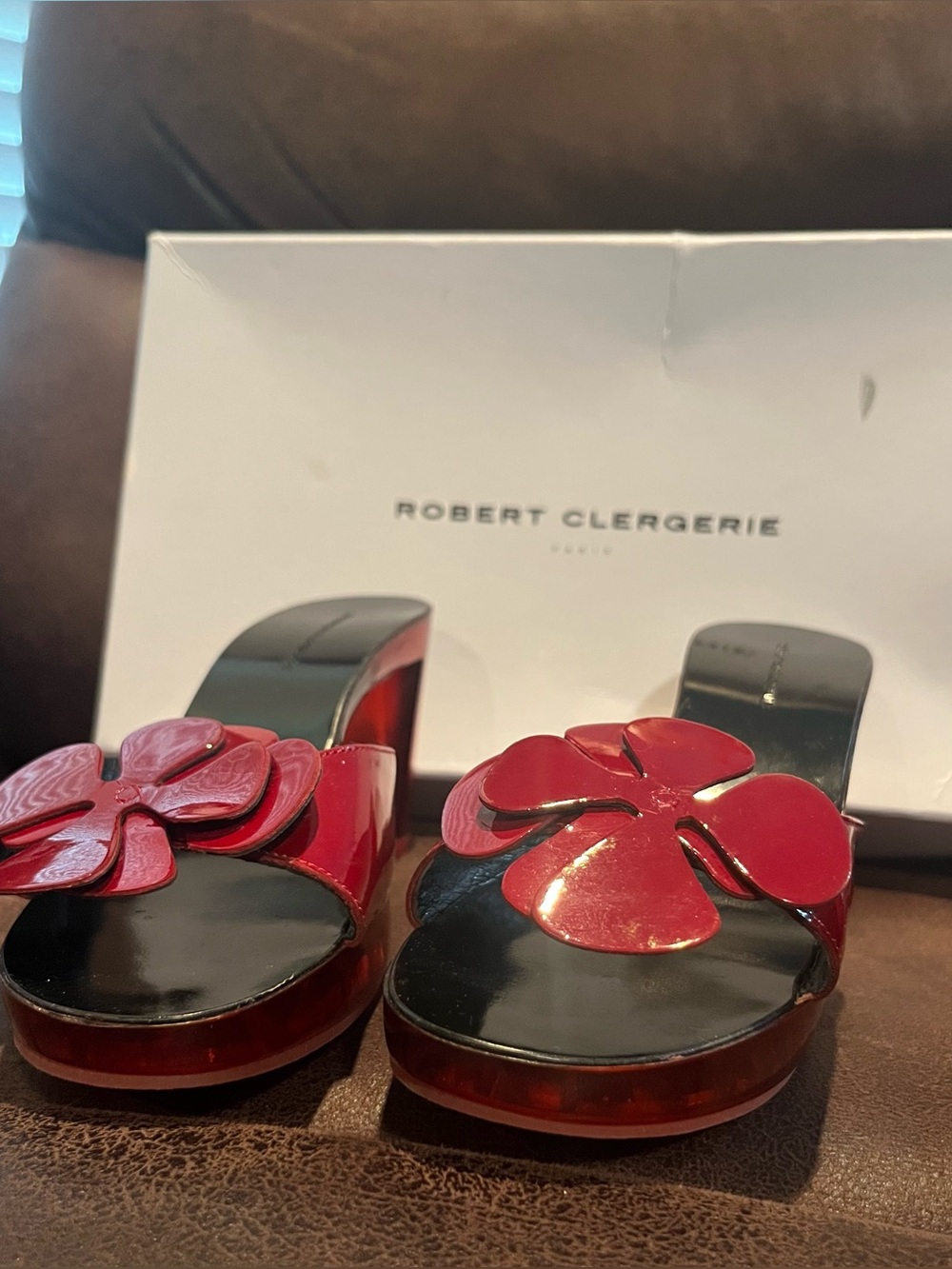 Robert Clergerie Red Patent Floral Slide Mules